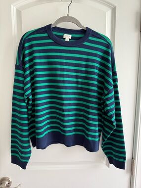 J. Crew Navy and Green Striped Crewneck Sweater